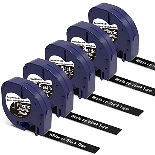 5 x blanco sobre negro cinta de repuesto para Dymo Label Maker Recambios de plástico 12 mm x 3 m Compatible con Dymo Letratag Recambios para Letra Tag LT100H LT100T QX50 Label Maker Tape