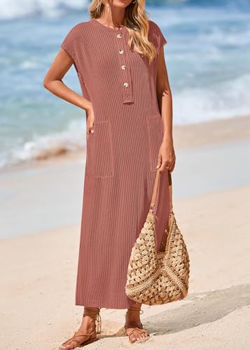 Image of KIRUNDO Womens Summer Ribbed Knit Short Sleeve Maxi Dress | 2026 Spring Henley Button Up Knitted Tshirt Dress, Loose Beach Vacation Sundress, Teacher Dress, Loose Fit Nursing Friendly