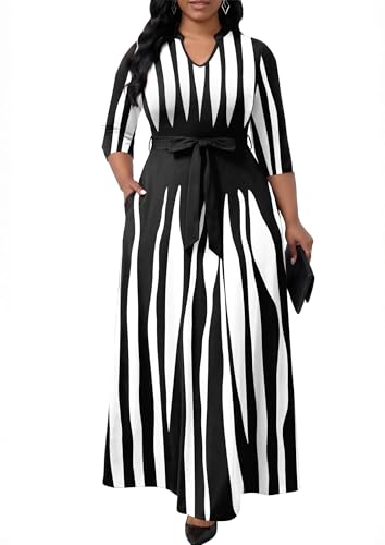 Image of FANDEE Maxi Dress for Women, Casual V Neck 3 /4 Sleeve Long Dresses with Pockets