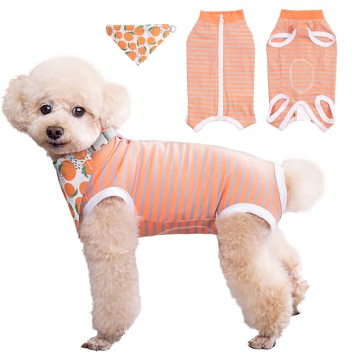 Image of Dog Surgery Recovery Suit After Spay with Dog Bandana,Female Male Dog Onesie After Surgery,Anti Licking Abdominal Wound Neuter Recovery Suit,Dog Cone Alternative After Surgical-Orange Gray Stripe,XL
