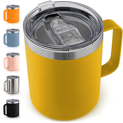 Zulay 12 Oz Insulated Coffee Mug With Lid - Stainless Steel Camping Mug Tumbler With Handle - Double Wall Vacuum Duracoated Insulated Mug For Travel, Camping, Office, Outdoor (Yellow) #TOP18