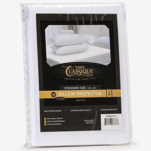 Linen Classique Luxury Zippered Pillow Protectors - Premium Sateen Cotton Fabric 320 Thread Count, Wrinkle Resistance (Standard 20X26) 2 Pack #TOP1