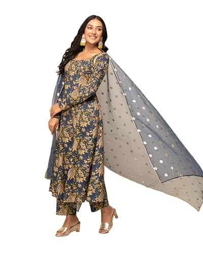 Image of FIORRA Women's Navy Blue Cotton A-line Kurta with Pant and Dupatta