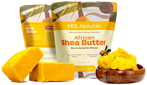 MGL Naturals Shea Butter Yellow Creamy 1 lb, African, Unrefined, and Raw. Nourish and moisturize skin and hair. Use alone or DIY recipes. From Ghana, West Africa. (1 lb)