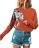 Angashion Women's Sweaters Casual Floral Printed Patchwork Long Sleeves Knitted Pullover Cropped Sweater Tops 182 Orange Large