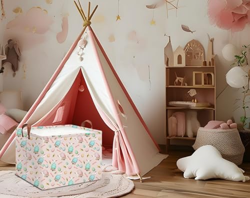 Image of Rectangle Pink Rabbit Easter Basket with Handles,Collapsible Kids Toys Bin,Cute Baby Storage Basket,Books Box,Gift Basket(Pink Rabbit Easter Basket)
