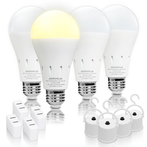 JackonLux Rechargeable Emergency Light Bulb UL Listed Battery Operated Light Bulb Power Outage Camping Reading Lighting Hurricane 9W 850 Lumens Soft White 3000K E26 120 Volt 4-Pack 4 Soft Wh