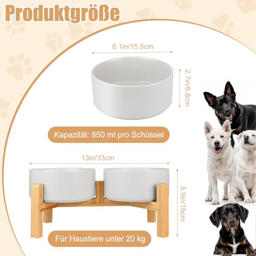 2er Set Hundenapf Keramik, Hundenapf Set Erhöht Hundenapf, 850ml Doppel Futternapf Hund mit Bambus Ständer, für Kleine und Mittelgroße Hunde, rutschfest Futterstation, Fressnapf Hund und Wassernapf