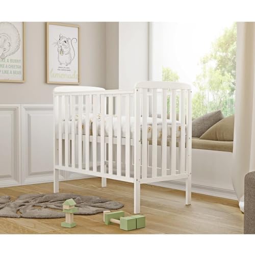 Generisch Baby Delux Babybett 100x50 cm weiß mit Matratze Baby Beistellbett mit Zahnschienen Kiefer Massivholz (Babybett Compact)