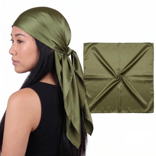 Mulberry Park Silks 100% Mulberry Silk Head Scarf Large 36 - 19 Momme Womens Hair Wrap for Sleeping Reduce Frizz & Damage Natural Soft Silk Wear Day & Night OEKO-TEX Certified - Olive