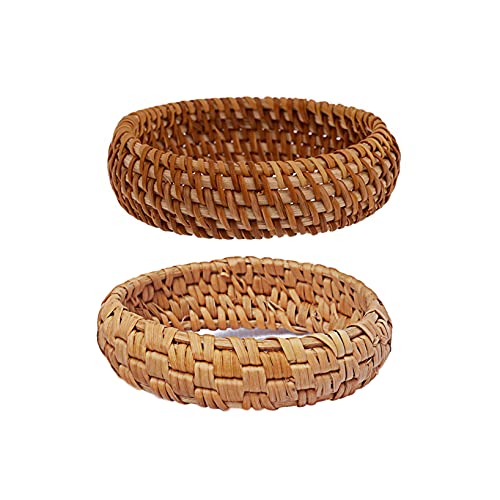 COLORFUL BLING 2Pcs Handwoven Wooden Braided Rattan Knit Cuff Bracelet Natural Bamboo Square Round Geometric Chunky Wrap Bangle for Women Ethnic Tribal Wrist Jewelry