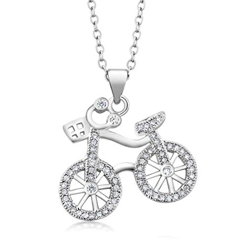 Gem Stone King 925 Sterling Silver Bicycle Pendant Necklace for Women with White CZ on Matching 18 Inch Silver Chain