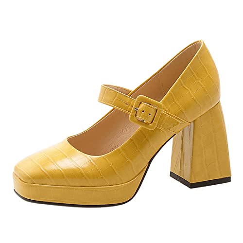 VOKLIN Women's Fashion Ankle Strap Chunky Block High Heel Dress Pumps Square Toe Patry Mary Jane Pump Shoes