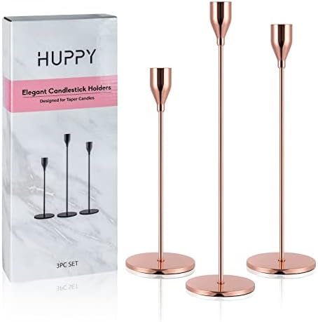 HUPPY Candlestick Holders Set of 3 Designed for Taper Candles, Decorative Candlestick Holder for Wedding, Dinning, Party, Fits 3/4 inch Thick Candle & Led Candles (Metal Candle Stand) (Rose Gold)