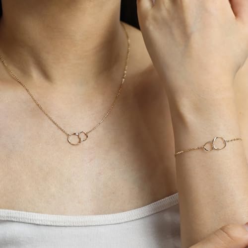 AGVANA 14K Real Gold Necklace Bracelet for Women Two Interlocking Eternity Circles Mother Daughter Necklace Bracelet Fine Jewelry Birthday Gifts for Women Mom Wife Her2