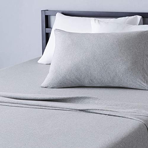Image of Amazon Basics Breathable, Stretchy 100% Cotton Jersey Knit 3 Piece Bed Sheet Set with Deep Pockets, Flat and Fitted Sheets, Pillowcase, Machine Washable, Twin, Light Gray, Solid
