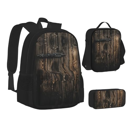 nanger Rustic Antique Wooden Door Print 3-Piece Set Backpack, Lunch Bag And Pencil Case, For Travel, College, And Daily Use2