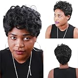 BOBCOO Short Pixie Wigs For Black Women Pixie Cut Wigs Short Black Curly Wigs For Women Natural Black Wavy Older Women Curly Hairstyles Short Pixie Cut Wig For African American Wigs (Natural black)