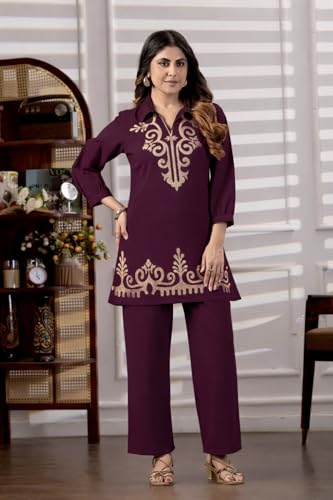 Image of Fashion Kurta Sets for Women | Co Ord Sets Stylish | Kurti Sets for Women | Short Kurti | Ethnic Embroidered Straight Kurta Sets with Pants Suits