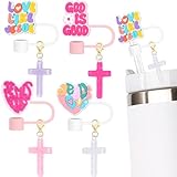 10mm Straw Toppers Set, Pink Jenus Faith Straw Covers Cap with Clip-on Cross Charms for 30oz 40 0z Stanley Tumblers, Cute and Bling Modern Simple Tips Stanley Accessories