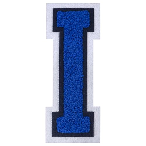 1 PCS 6 Inch Blue Chenille Letters Patches - Iron On Varsity Alphabet, Large Letters for Clothing, Backpacks, Hats, Jeans with White Border (I)