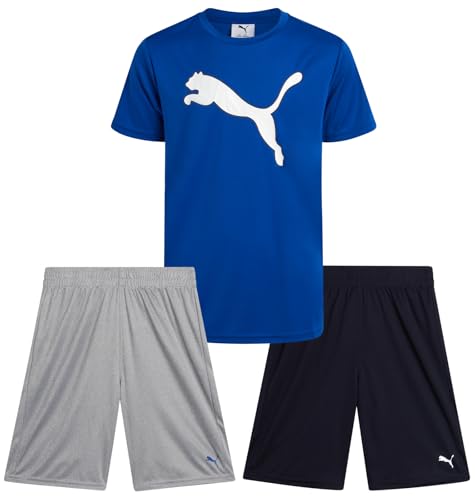 Image of PUMA Boys Active Short Set - 3 Piece Short Sleeve Logo Graphic Tee and Poly Interlock Mesh Shorts for Boys (Sizes: 4-16)