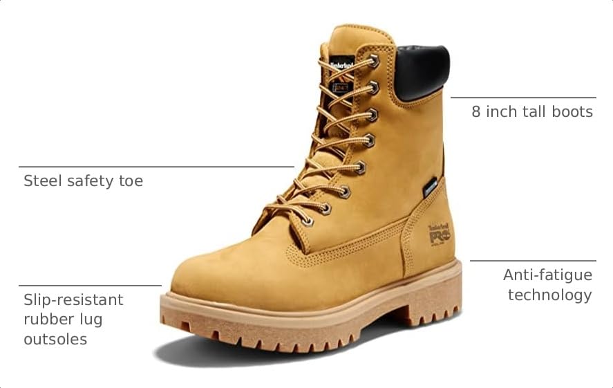 Image of Timberland PRO mens Direct Attach 8 Inch Steel Safety Toe Insulated Waterproof Industrial Work Boot