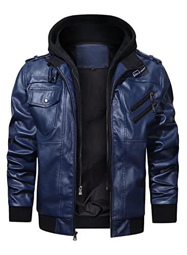 Image of HOOD CREW Men's Casual Stand Collar PU Faux Leather Zip-Up Motorcycle Bomber Jacket With a Removable Hood