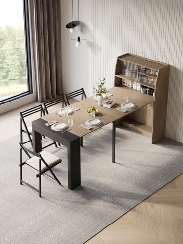 Homary Table à Manger Extensible Moderne avec Rangement, Table de Cuisine Rustique Rectangulaire, Buffet et Porte Vitrée, Chaises Non Incluses (Noyer et...