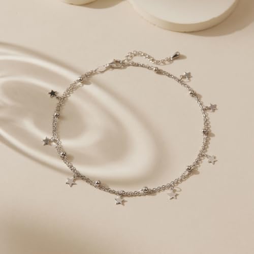 Image of CHIC & ARTSY 925 Sterling Silver Ankle Bracelets for Women, Dainty Adjustable Layered Foot Chains with Symbolic Charms, Boho Beach Everyday Lightweight Jewelry