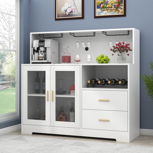 Image of Bar Cabinet for Home with LED Light,Coffee Bar Cabinet w / Wine & Glass Rack | Wine Cabinets with Storage Cabinet &Drawers, Modern Liquor Cabinets for Kitchen, Living Room, Dining Room (White)