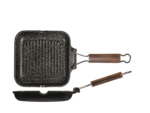 H&H Home Pietra Bistecchiera Antiaderente con Manico Pieghevole, Pietra, Nero, 20 cm - immagine 5