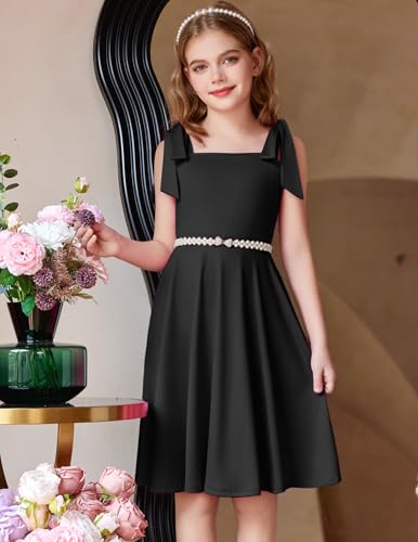 Arshiner Girls Summer Dress Tie Strap Sleeveless Solid Color Square Neck Party Dresses 6-11 Y2