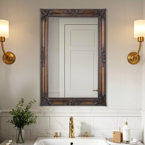 Autdot Antique Decorative Mirror, 37.4''x25.6''Vintage Mirror with Ornate Bronze Wood