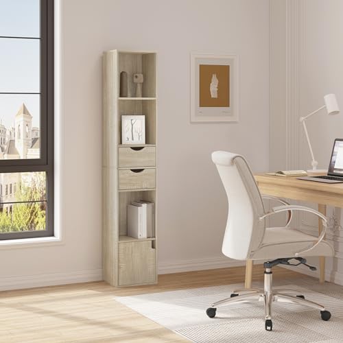 WOLTU Estantería para Libros, Librería Vertical con 3 Compartimentos Abiertos, 2 Cajones y 1 Armario, Libreria de Almacenaje para Oficina, Salón, Dormitorio, Cocina, Roble Claro, 30x24x158cm - imagen 4