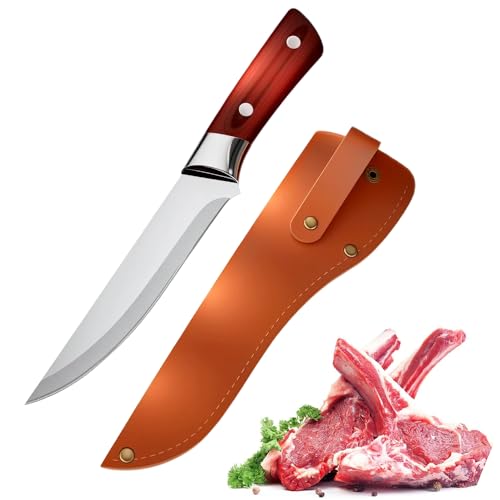 Kochmesser mit Lederhülle,Küchenmesser mit Fingerloch Holzgriff,Scharfes Ausbeinmesser Pakkaholzgriff Kochmesser Outdoor Hackmesser für...