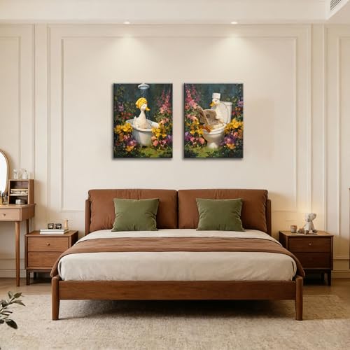 Image of Frimeeme Duck Canvas Wall Art, 2 Pcs, 12x16 Inch | Duck Botanical in Bathtub Pictures Art, Floral Wall Paintings, For Bathroom Restroom Decor