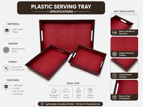 Image of KITCHIVO 3 Pcs Plastic Serving Tray Set with Handle | Multipurpose Tea Snacks Breakfast Tray | Floral Printed Rectangular Serving Trays for Kitchen & Home (Wine Red)