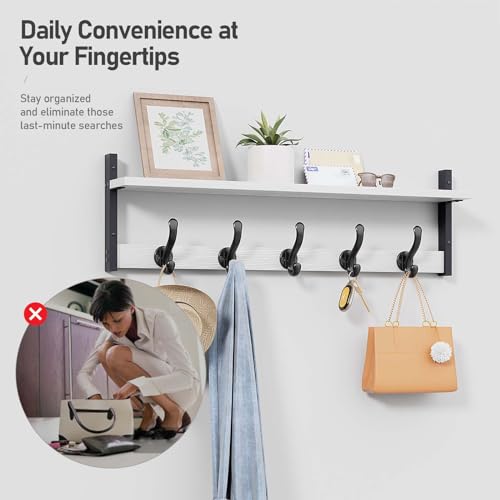 Image of Tatub 29 inch Coat Rack Wall Mount with Shelf, Entryway Wall Hooks with Shelf, Coat Hangers for Bathroom, Living Room, Bedroom, Rustic White