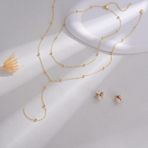 Turandoss Gold Necklace for Women - Dainty Long Y Necklace 14K Gold Plated Y-Shaped Lariat Necklaces Layered Beaded Chain Lip Chain CZ Pearl Cross Drop Necklaces for Women Trendy Jewelry 6