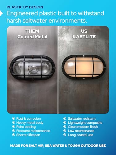 Image of KASTLITE Outdoor LED Bulkhead Light Fixture, 9.5W Energy Star 5000K Oval Wall Mount Nautical Lighting, Rust-Proof Polycarbonate Build for Wet Locations, Porch Patio Dock & Exterior Lights, FE104 /Black