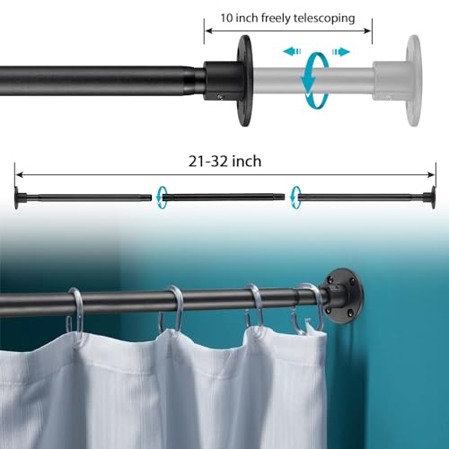 Image of Shower Curtain Rod, Closet Rod 21-32 Inch,Adjustable Heavy Duty Shower Rods for Bathroom Wall Mounted Permanent Industrial Shower Curtain Rod Rust Proof Stainless Steel Black