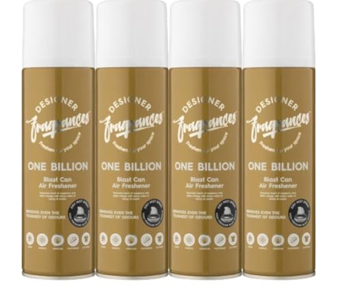 Designer Fragrances 4 Pack One Billion Air Freshener Blast Cans - For Home & Vehicles Natural Oils Luxury Lasting Smell Dry Mist Quick Release Spray Deodorise & Neutralise Odours 300ml