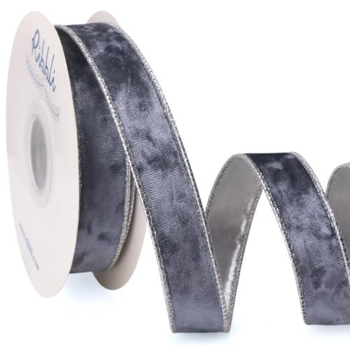 Image of Ribbli Dusty Blue Crushed Velvet Wired Ribbon 1 inch x 10 Yds Continuous