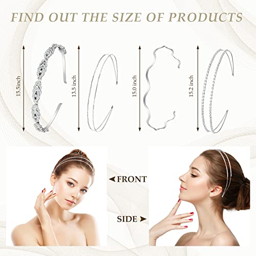 4 Pieces Crystal Headbands For Women Halloween Headbands Silver Diamond Headband Set Elastic Wavy Headband Bridal Metal Double Headband Slim Flower Leaves Hair Band For Halloween Costume Wedding Party #TOP1