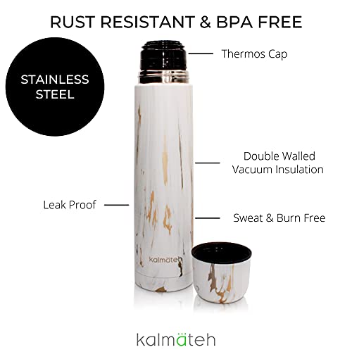 Kalmateh Modern & Elegant Yerba Mate Thermos- Double Walled, Stainless Steel (Gold Marble, 1000Ml) #TOP4