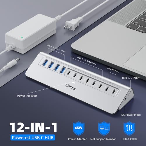 Image of Powered USB Hub 10Gbps, intpw 12-Port USB 3.2 /USB C Hub (4 x USB-A 3.2 + 6 x USB-C 3.2 10Gbps +2 x PD 45W Fast Charging Ports), 3Ft Cable, Aluminum USB Hub for PC /Laptop /iPhone 17 /16 /MacBook Neo