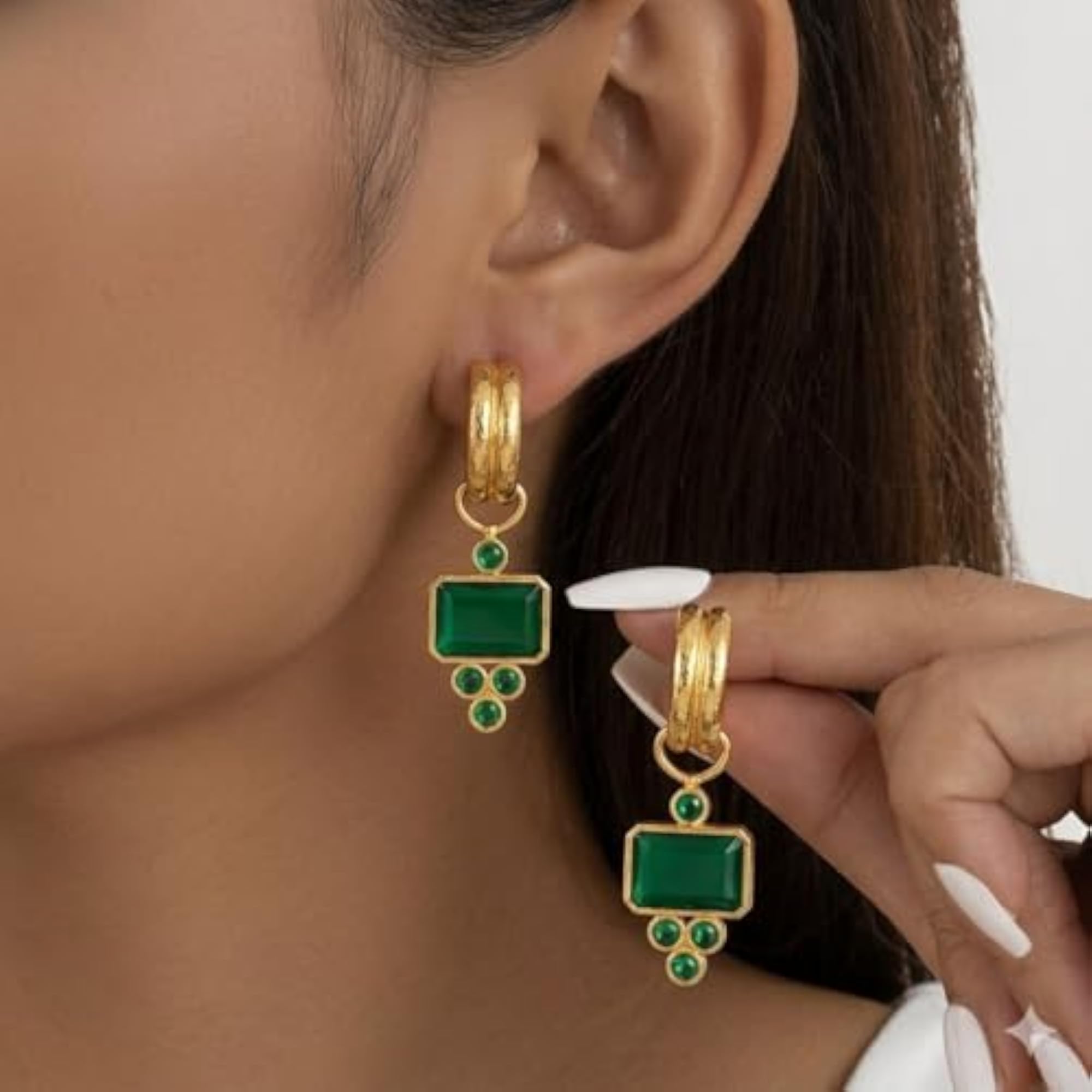Women's Gold Emerald Green Onyx Dangle Drop Earrings, Elegant Gift