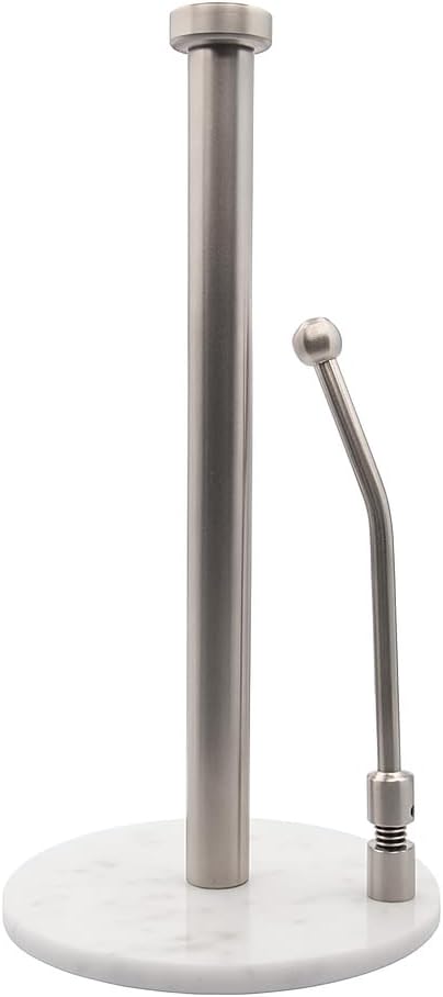 Paper Towel Holder with Marble Base – Weighted Countertop Stand, One-Hand Tear, Stainless Steel Rod, Natural Stone Base, Available in Gray & White Marble