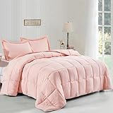 HIG 3pc Prewashed All Season Down Alternative Comforter Duvet Insert -Quilted Comforter with Corner Tabs -Box Stitched -250GSM Fiberfill Chic Farmhouse Style Bedding(Queen,Peach Pink)